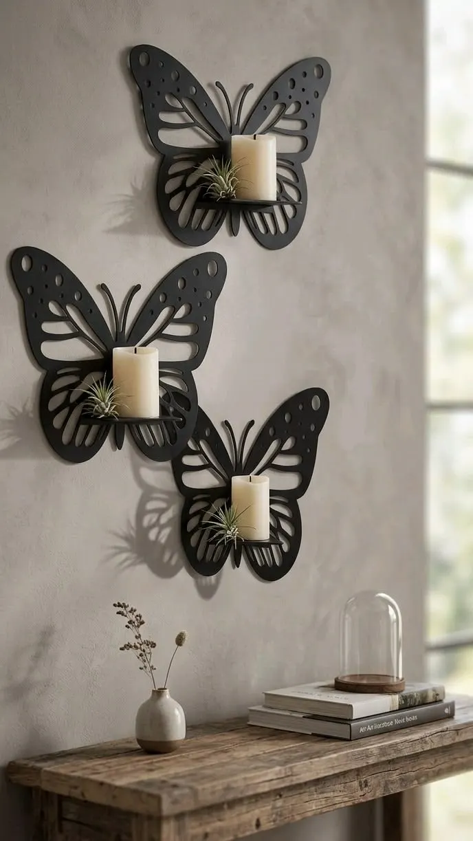 Décoration murale papillon en métal avec support bougie