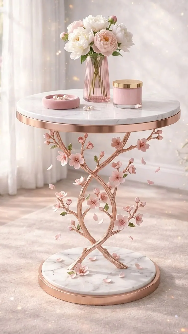 Table d’appoint florale avec plateau effet marbre